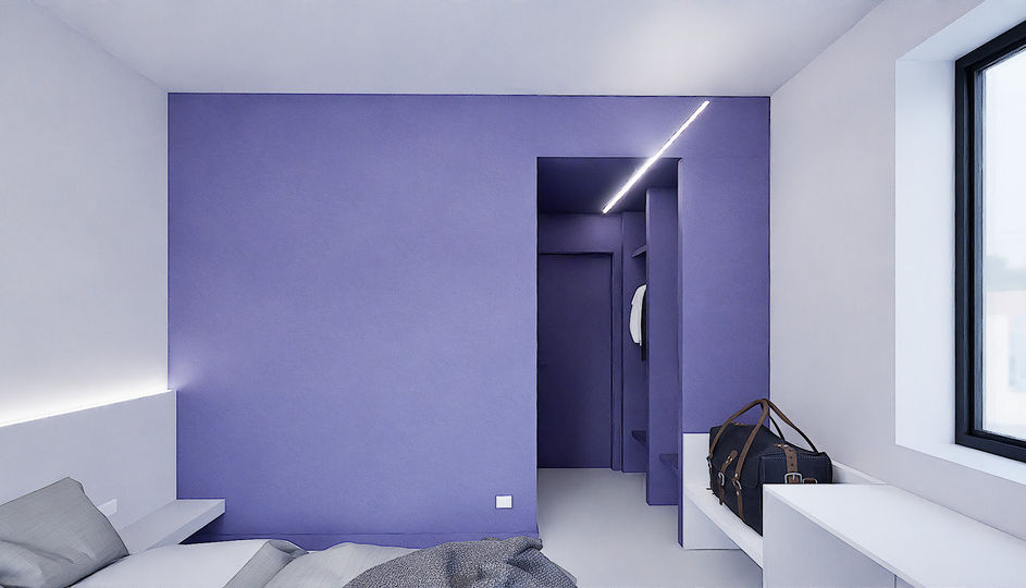 Rendering camera hotel con balcone e vista panoramica, design contemporaneo curato dall’architetto Antonio Cacurio a Fiesso d’Artico.