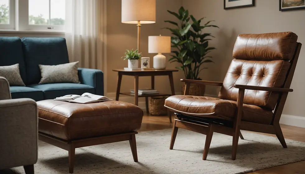 Cozy therapy room with brown leather chair, ottoman, and blue sofa. Warm lighting from lamps. Open book on ottoman. Relaxing atmosphere.