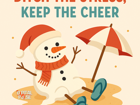 Square graphic with melting snowman with flip flops on. The caption reads Ditch the Stress, Keep the Cheer
