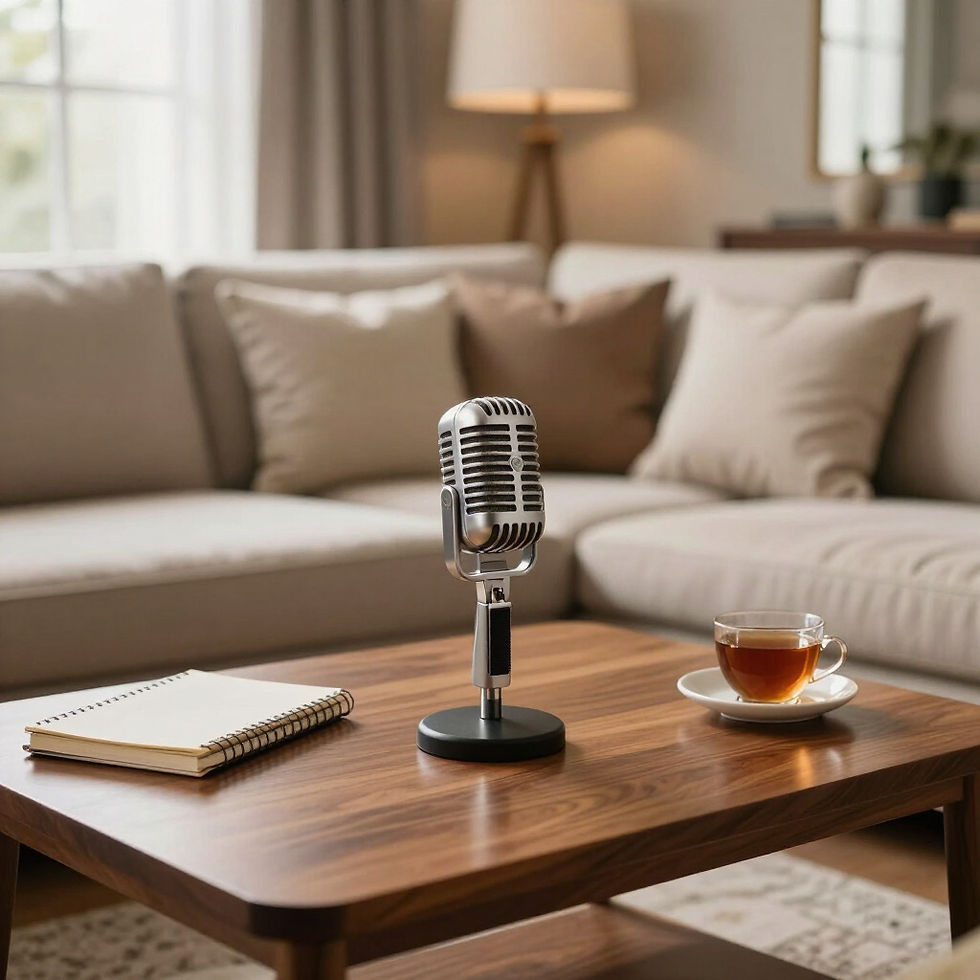 Vintage microphone on a table for a women's wellness podcast.