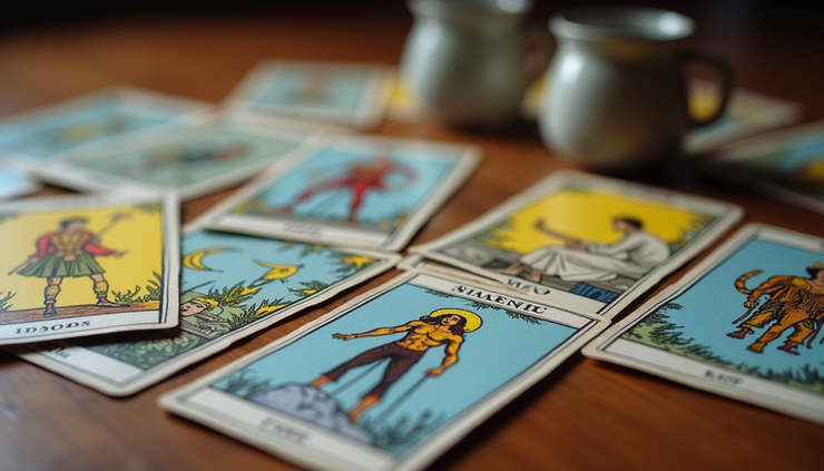 Close-up view of a classic tarot deck spread on a wooden table