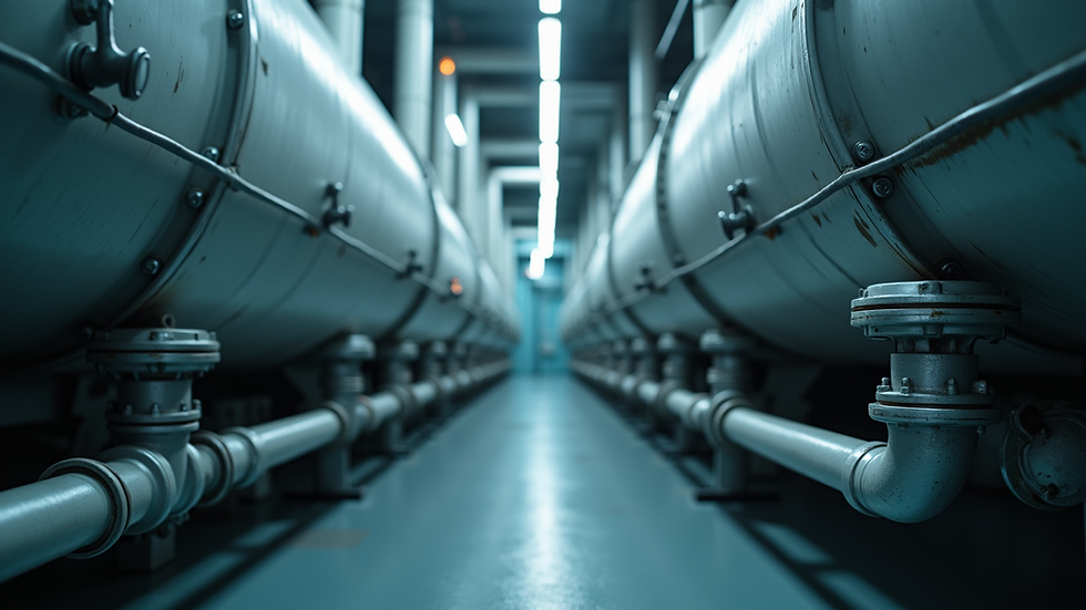 Eye-level view of industrial cooling system with visible piping and valves