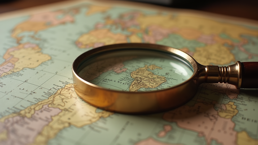 Close-up view of an old magnifying glass on a vintage map