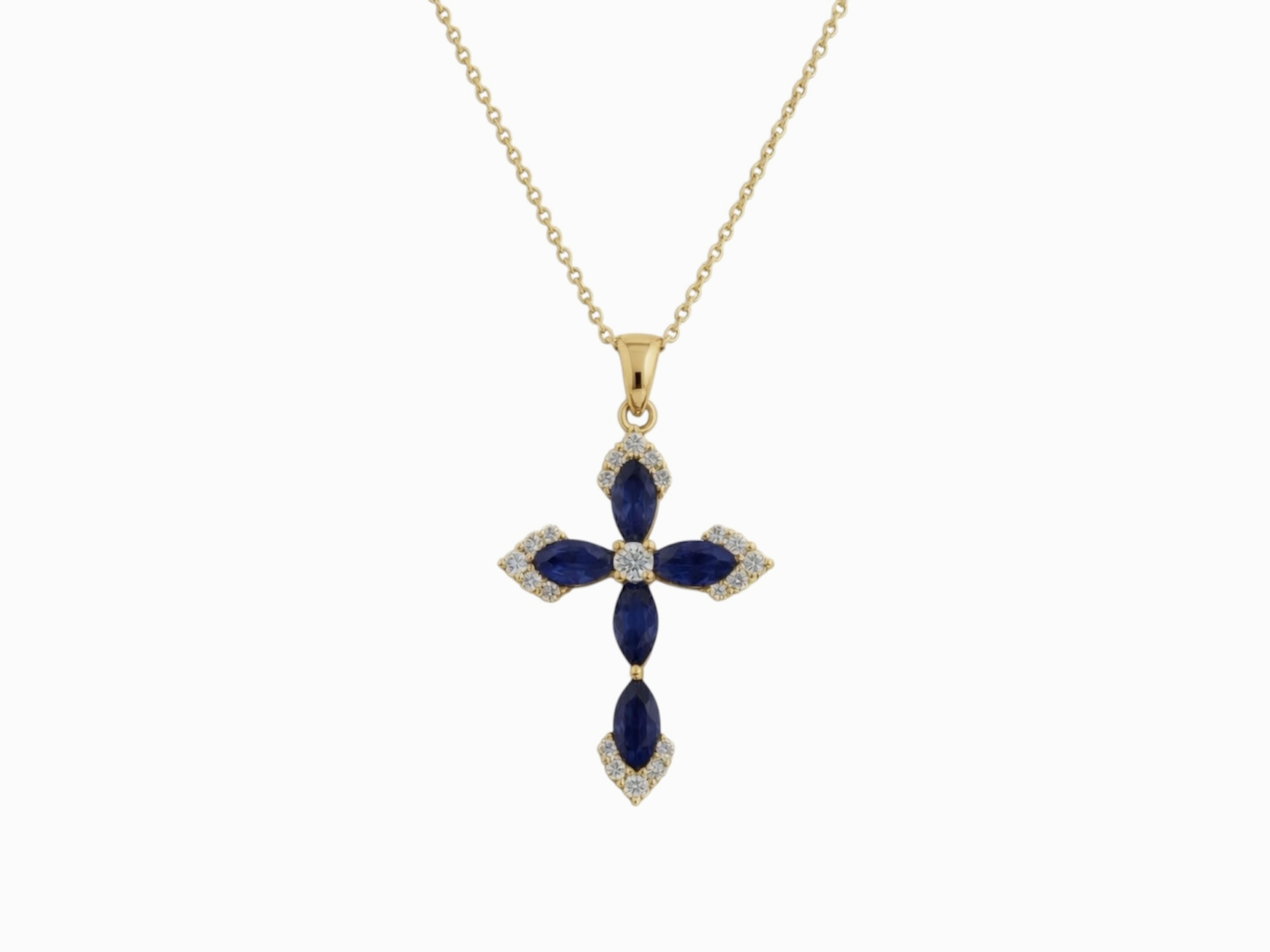 Blue Sapphire Diamond Cross Necklace in 18K Gold