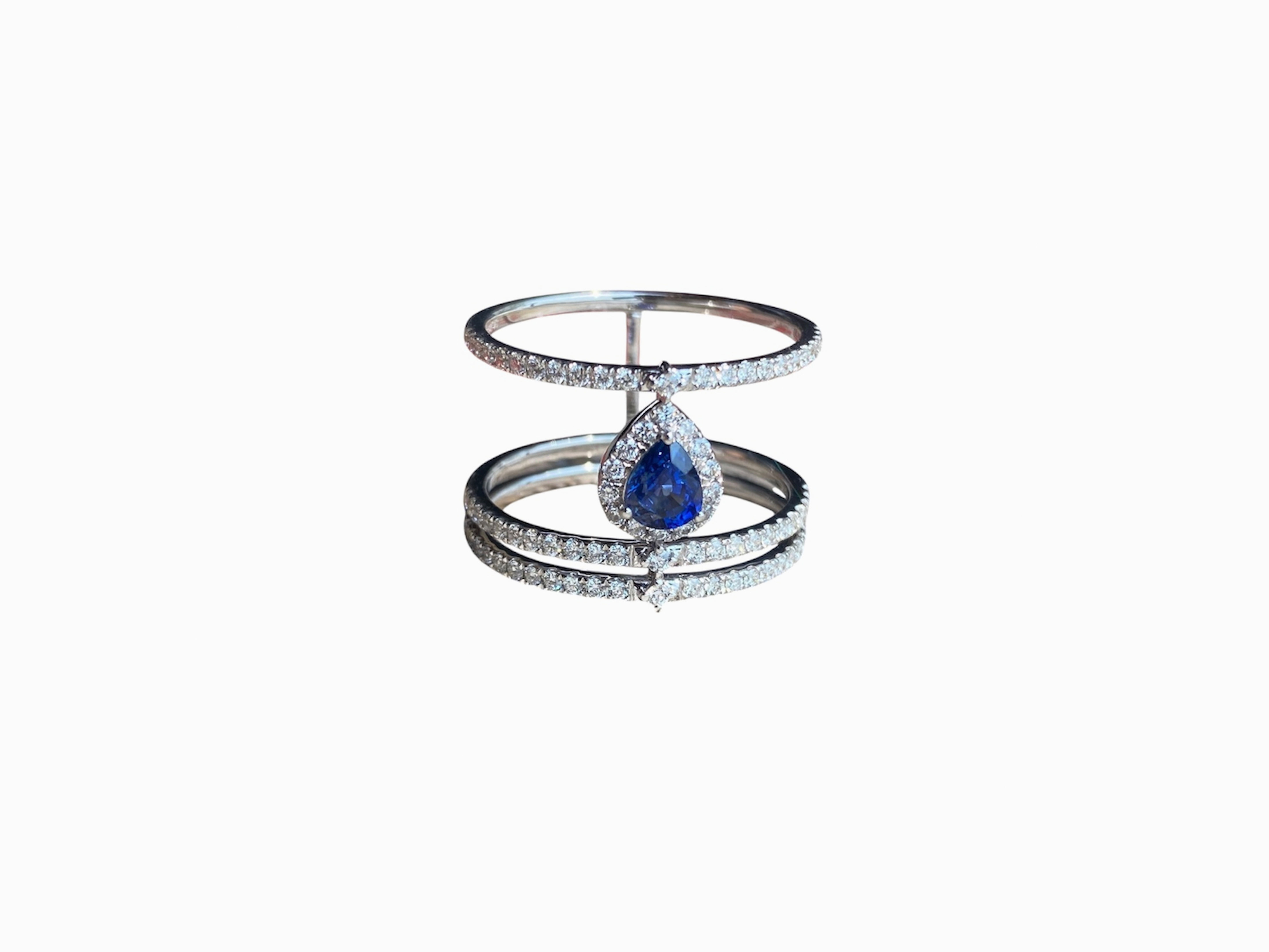 Triple Diamond Bands With Center Blue Sapphire in 18K Gold