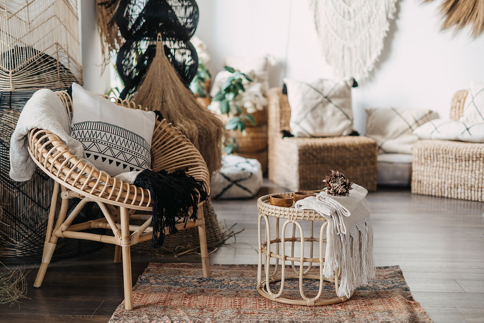 Comfortable living room with ethnic interior design in bohemian style. Apartment with home