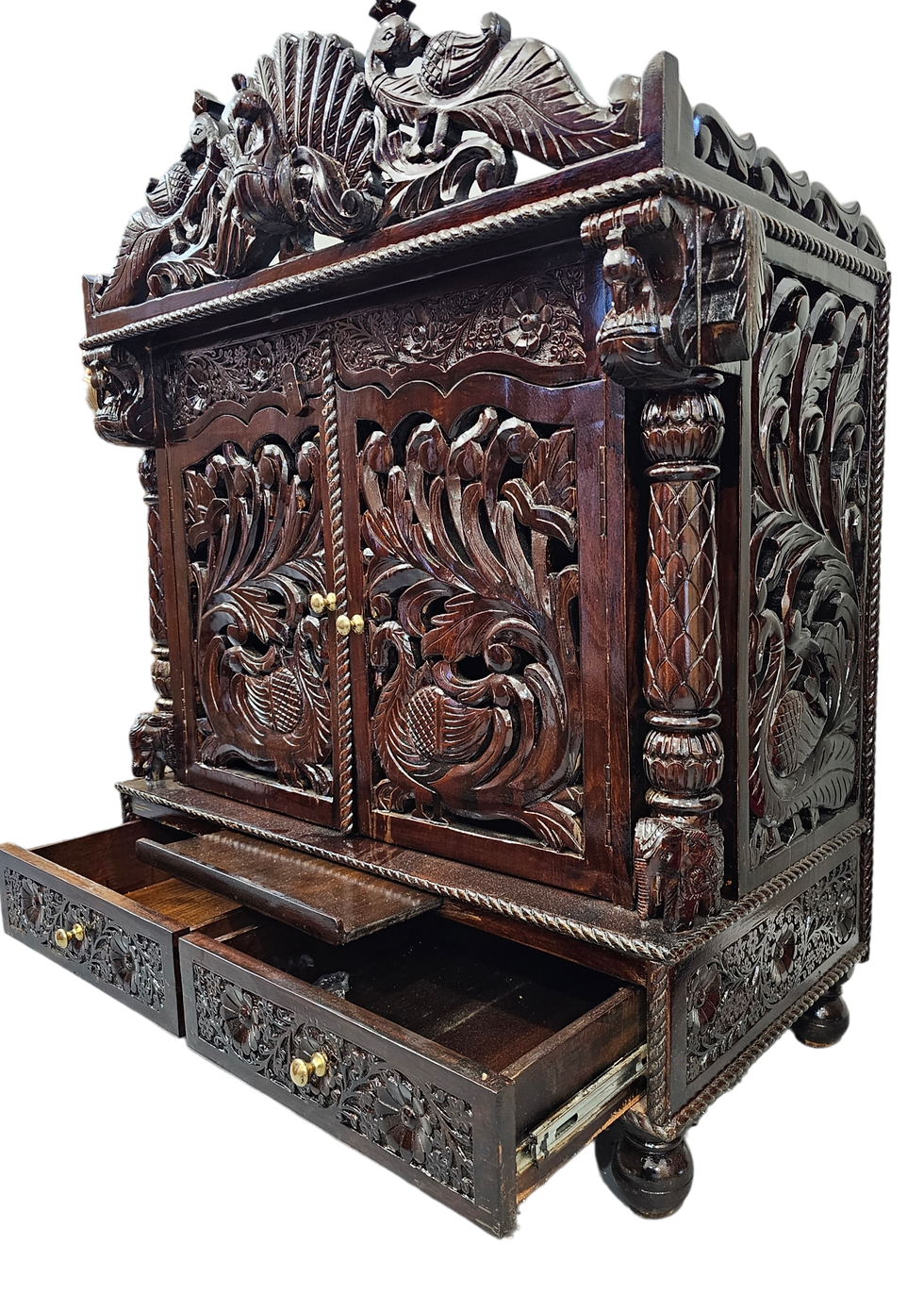 Thumbnail: 37 by 19 inches Sheesham Wood dark stain carving Mandir with door 