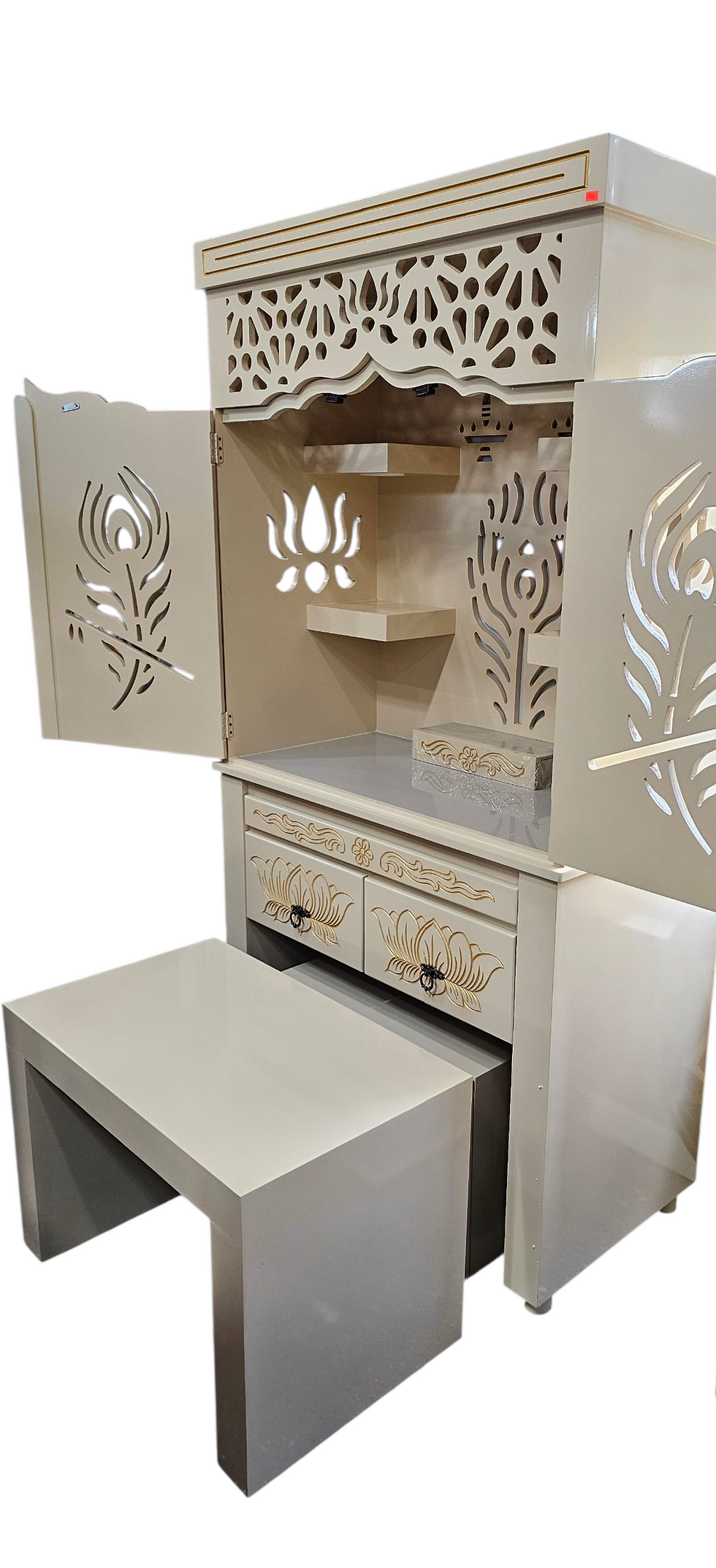 Thumbnail: 36 inches by 20 inches MDF wood cream mandir with Door / lights and stool 