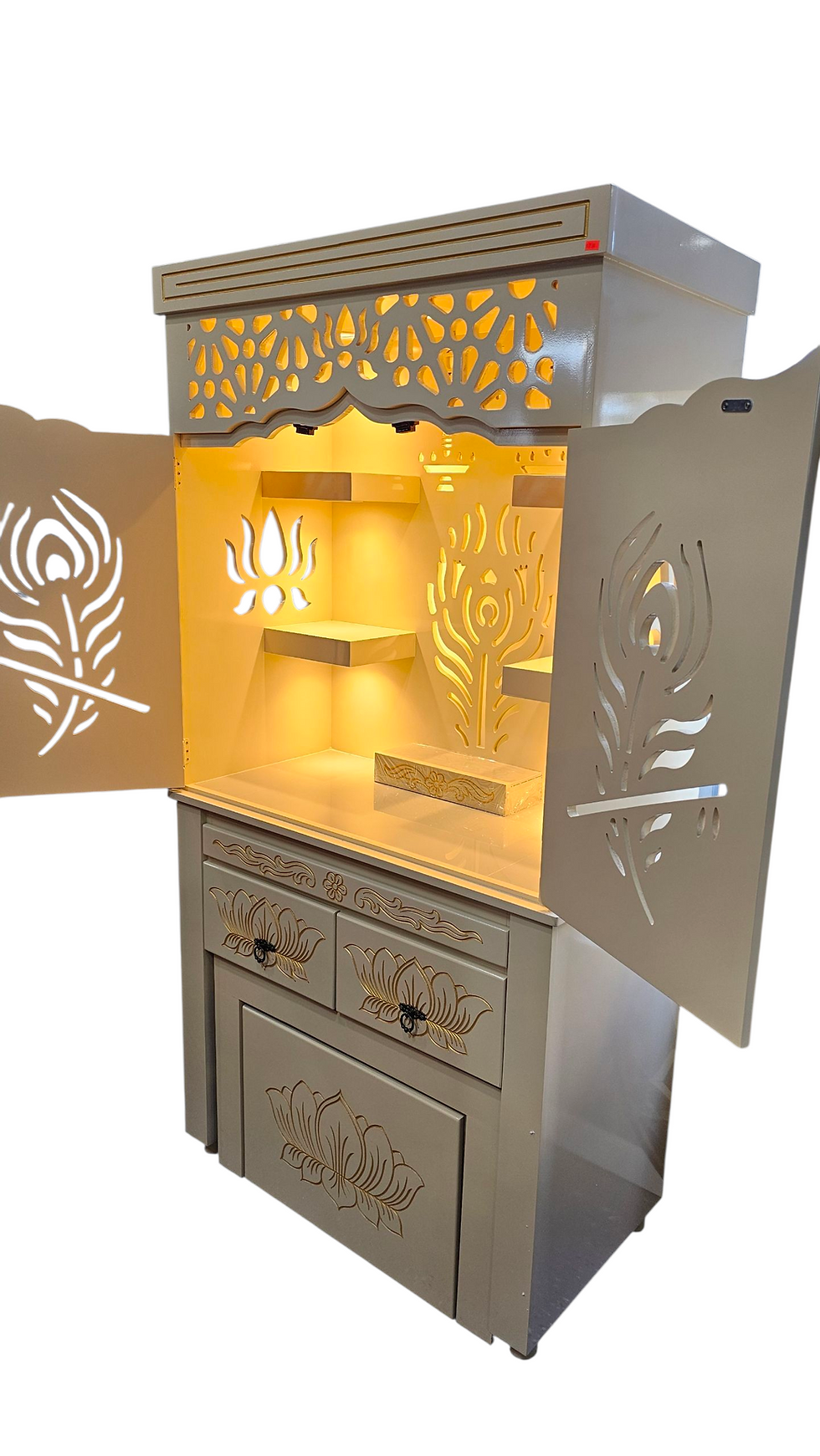 Thumbnail: 36 inches by 20 inches MDF wood cream mandir with Door / lights and stool 
