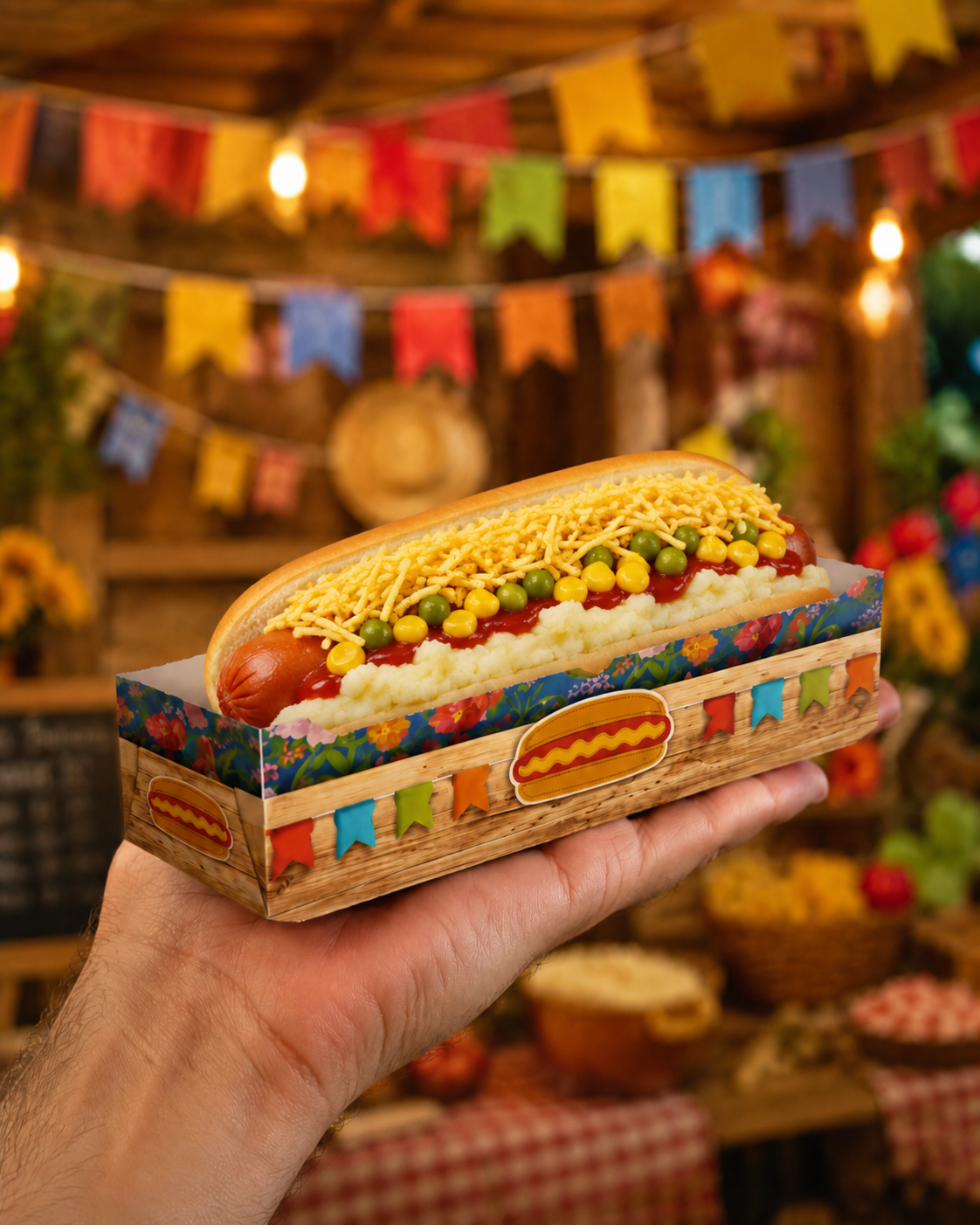 CAIXA PAPEL HOT DOG JUNINA 18,5X4X6 CM C/08 UN