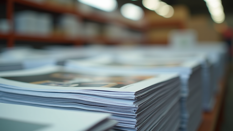 Eye-level view of printed brochures stacked and ready for delivery