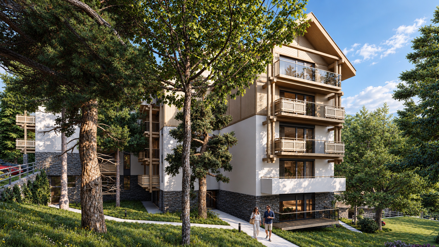 Forest Park Resort & SPA – boczna elewacja budynku apartamentowego wśród drzew