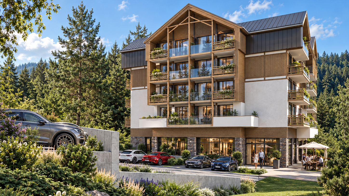 Larix Prime Ski & Bike Style – perspektywa budynku z kamienną okładziną parteru, dużymi przeszkleniami, drewnianymi balkonami i tarasem w otoczeniu zieleni.