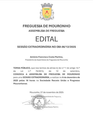 EDITAL | Sessão Extraordinária Assembleia de Freguesia