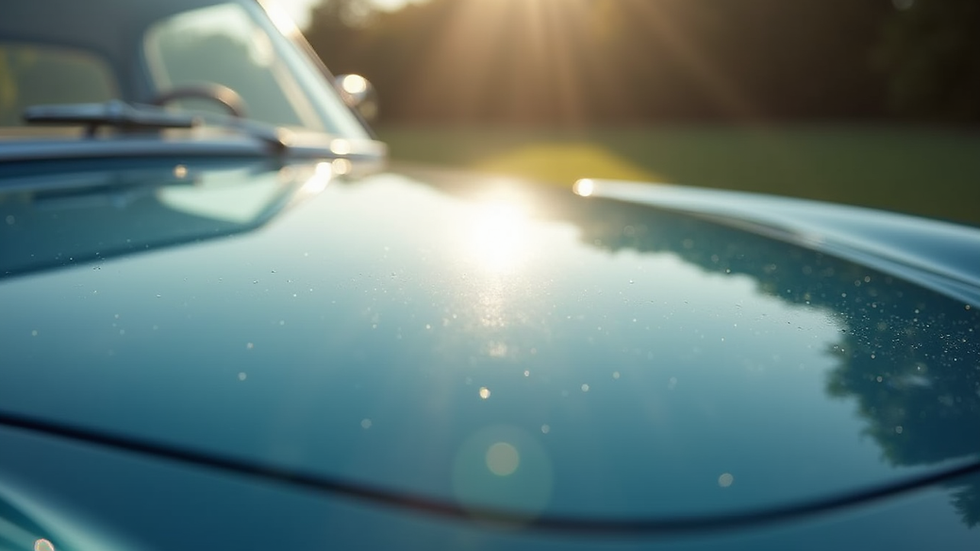 Close-up view of a shiny, freshly detailed car hood reflecting sunlight