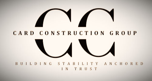 Card Construction Group logo over a faded modern bathroom background with the tagline 'Building Stability Anchored In Trust,'