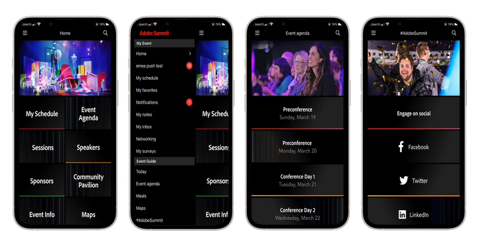 Example of an enterprise event app - phones using Eventbase's Adobe Summit app