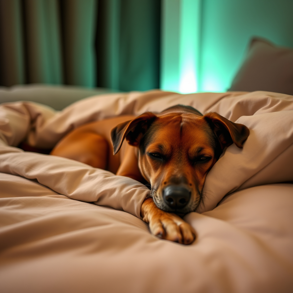 Dog resting comfortably on bedding