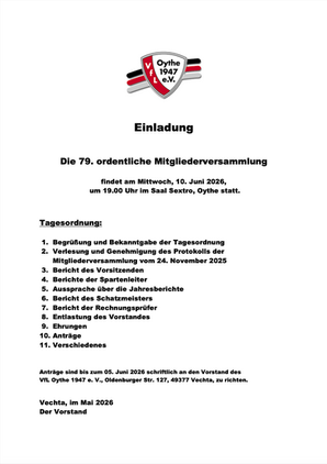 Einladung zur Mitgliederversammlung 2026Die 79. ordentliche Mitgliederversammlung findet am Mittwoch, 10. Juni 2026, um 19.00 Uhr im Saal Sextro, Oythe statt.