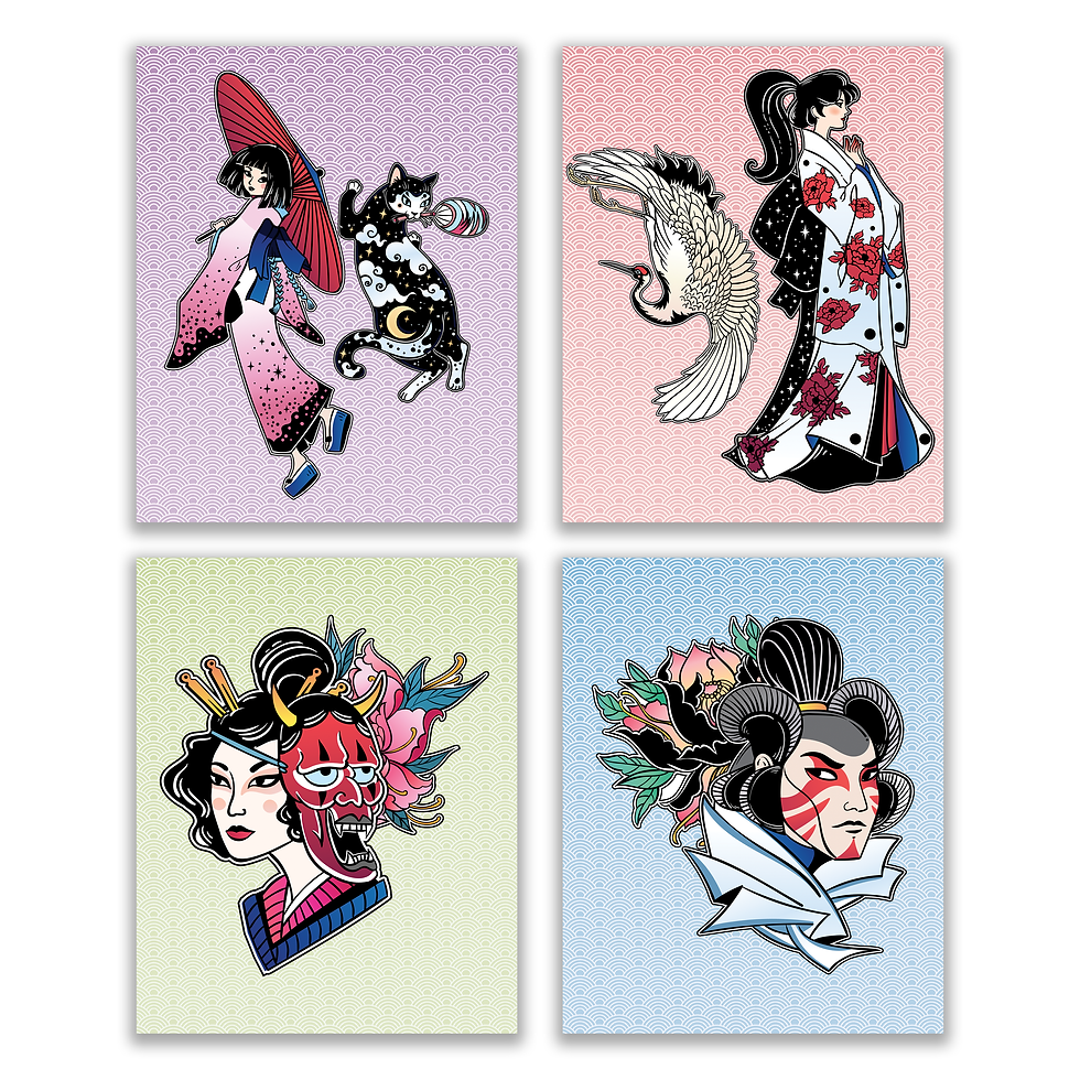 Japanese Geisha and Samurai Art Prints - Set of 4 (8x10 Inches)