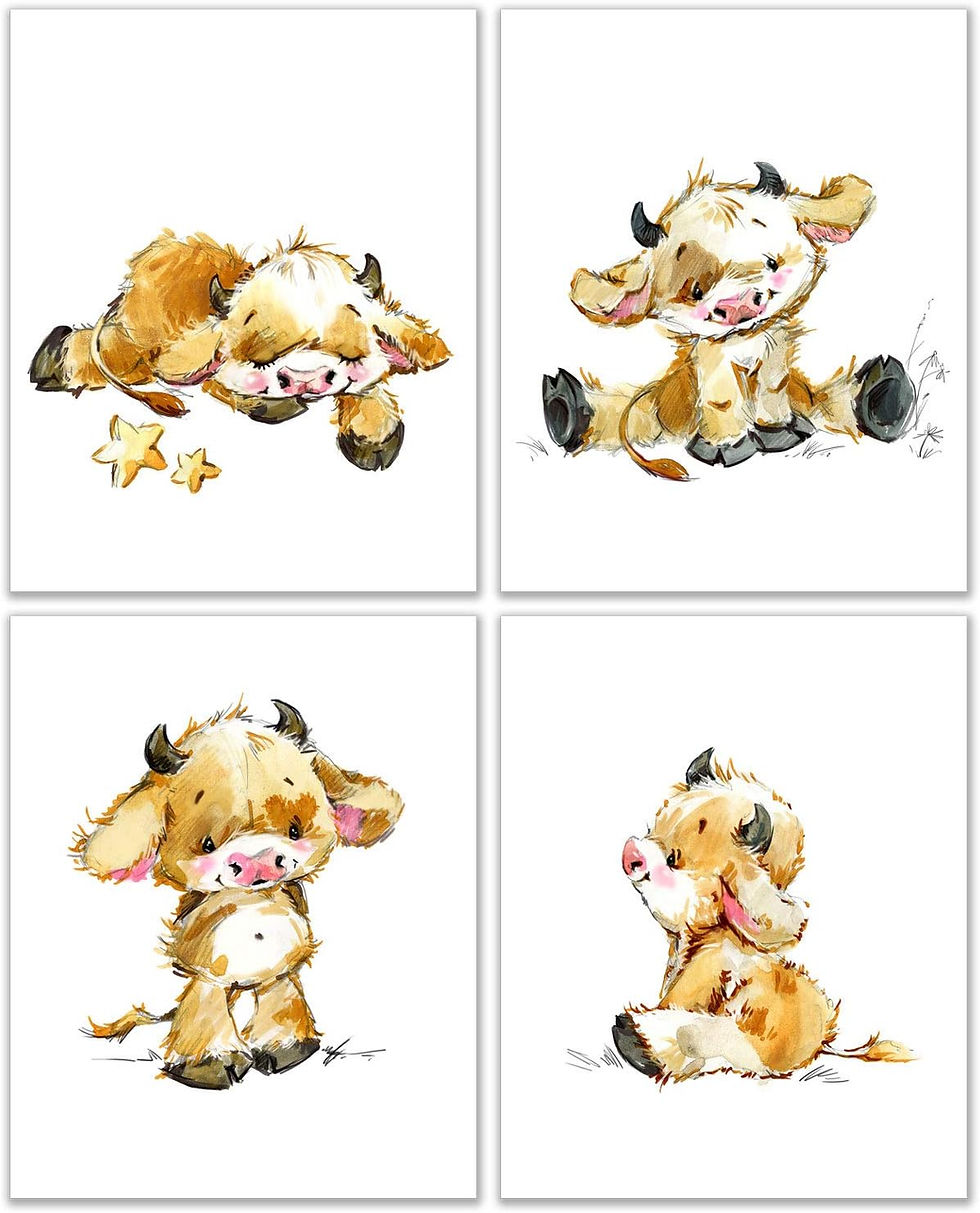 Watercolor Cartoon Cow Nursery Prints - Set of 4 (8x10 Inches)
