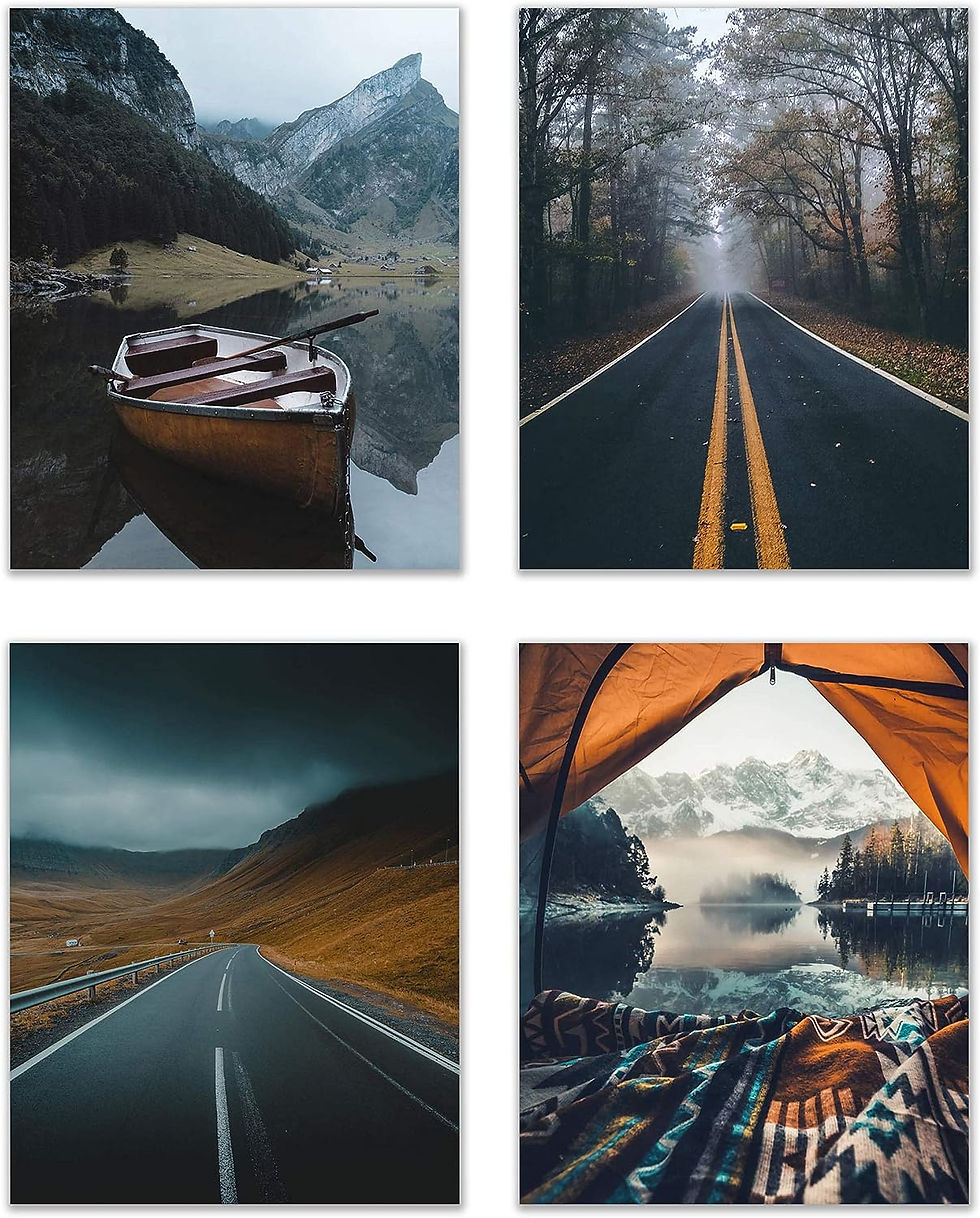 Yellow Wanderlust Camping Prints - Set of 4 (8x10) Glossy Black and Mustard Natu