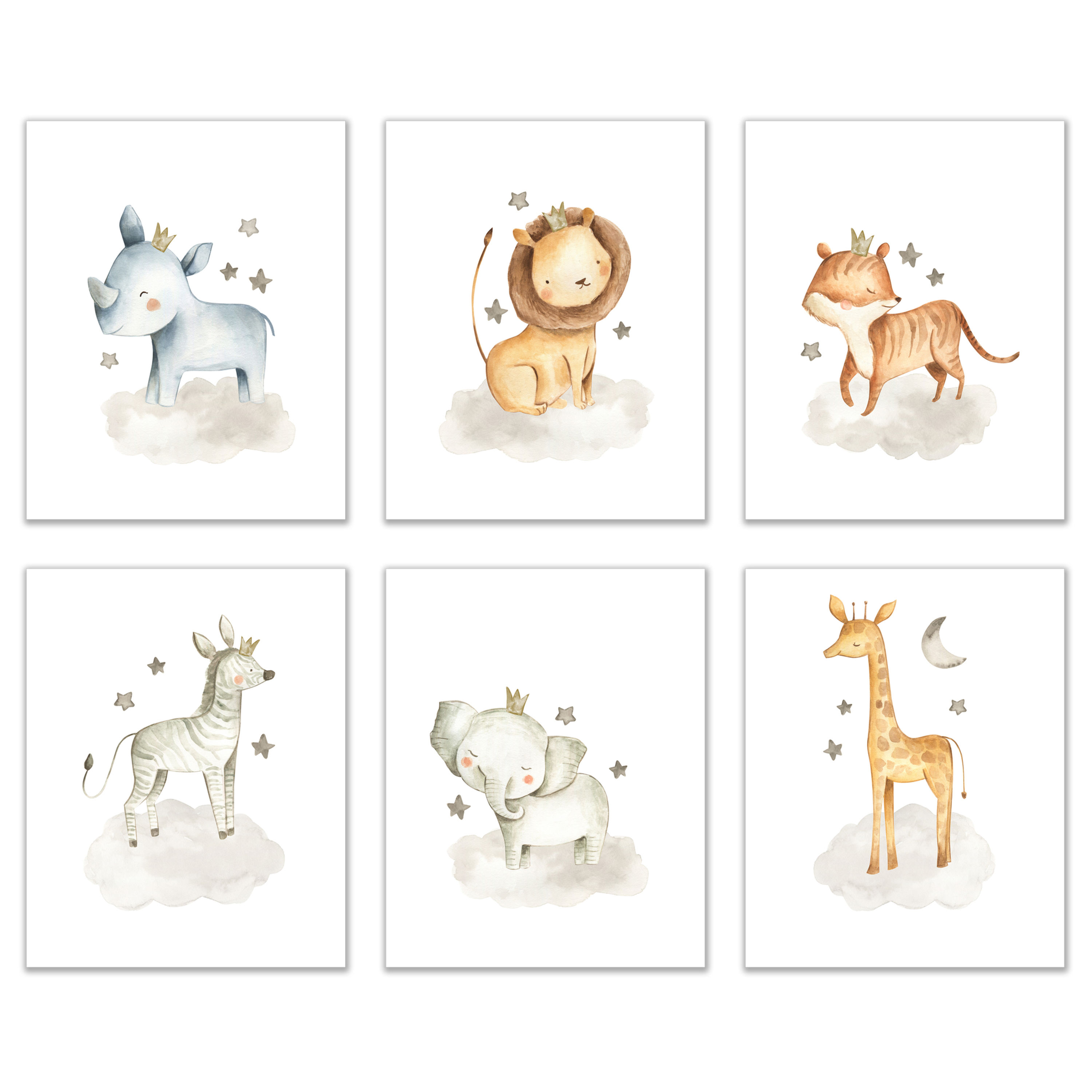 Nursery Watercolor Animals Prints - Set of 6 (8x10 Inches)