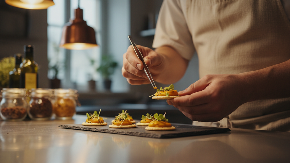 Close-up view of a chef preparing gourmet canapés on a sleek kitchen counter