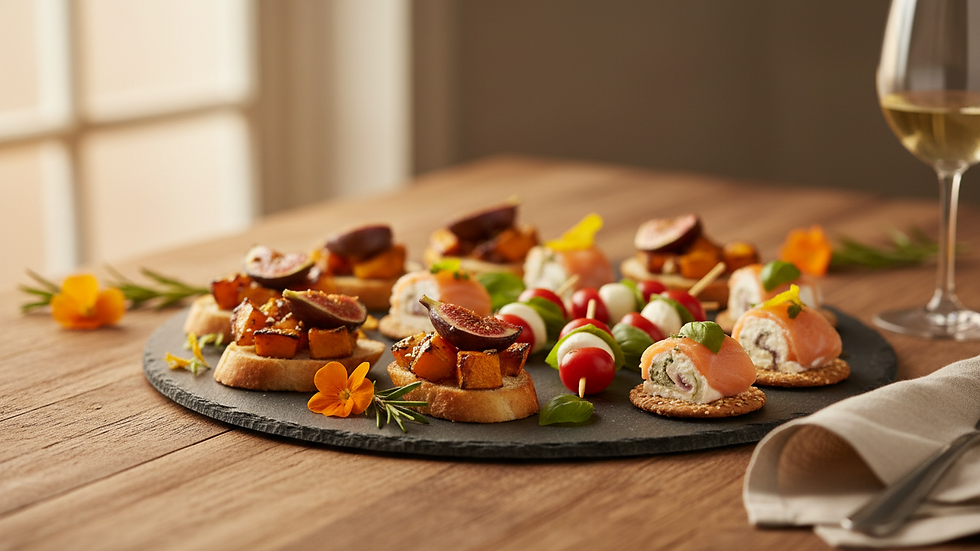 Eye-level view of a beautifully arranged canapé platter on a wooden table