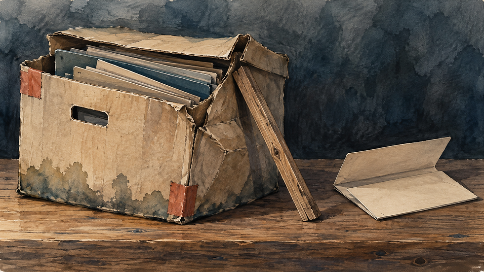 Caixa de papelão gasta com livros e pastas, ao lado de um envelope aberto sobre mesa de madeira, fundo escuro.