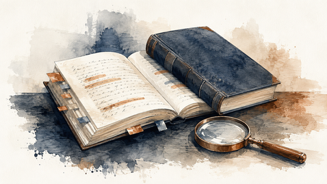 Ilustração em aquarela de dois livros antigos abertos e um fechado, com lupa sobre a mesa; tons azul, bege e marrom, clima de estudo.