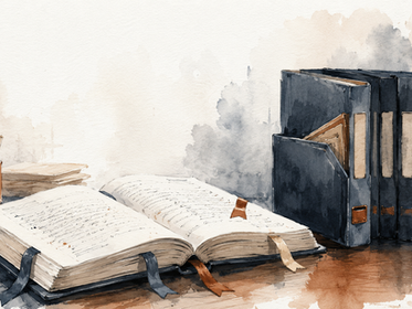 Mesa com caderno aberto, canetas, pilha de livros e pastas cinza; clima calmo e de estudo em aquarela.