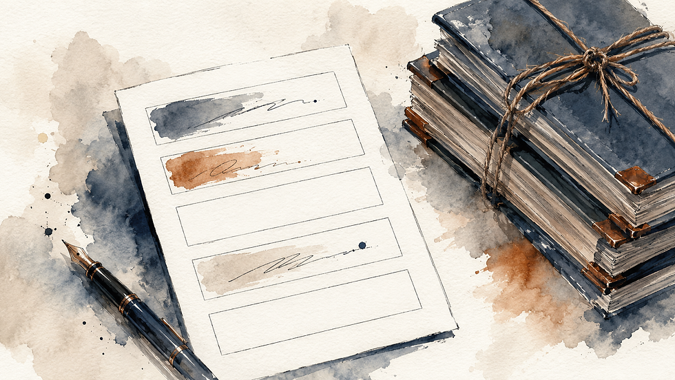 Ilustração em aquarela de formulário em branco, caneta-tinteiro e pilha de livros amarrados com barbante sobre fundo claro.