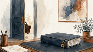 Escritório em aquarela com pasta azul trancada na mesa, canetas, planta e porta aberta; mala entra ao fundo.