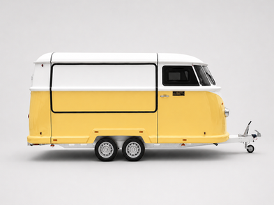 Volkswagen T1 tasarımlı sarı beyaz çekme karavan