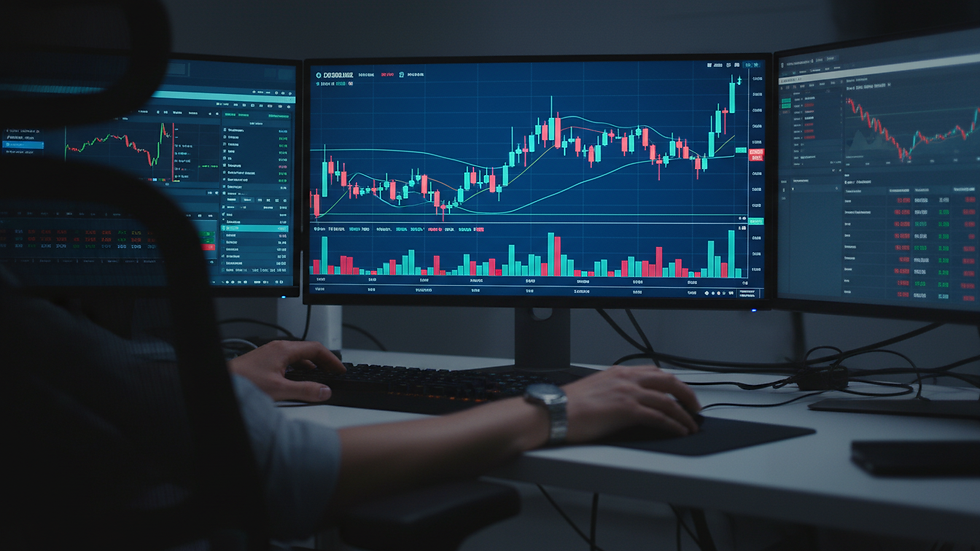 Close-up view of a live stock chart showing candlestick patterns and volume bars