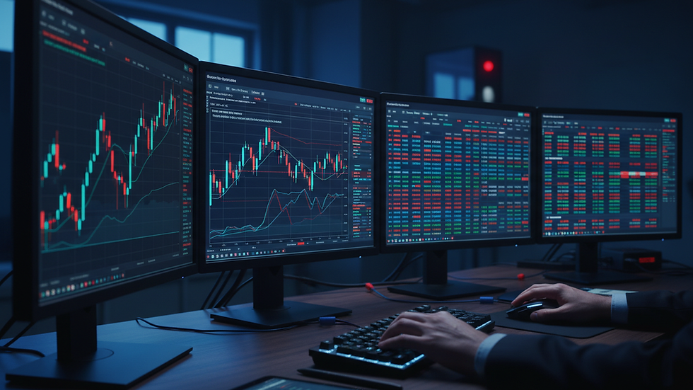 Close-up view of a trader’s desk with multiple monitors showing charts and trading software
