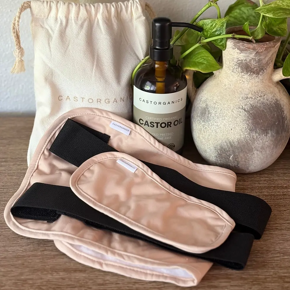 Thumbnail: CASTORGANIC Castor Oil bottle, bag, and Organic castor oil wrap and eye mask.