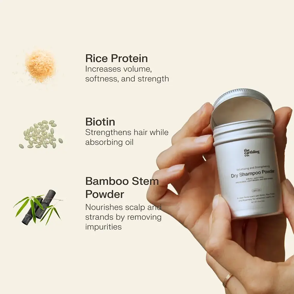 Thumbnail: Woman's hand holding The Earthling Co. dry shampoo; Rice Protein, Biotin, Bamboo Stem Powder