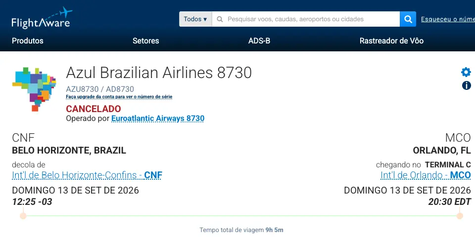FlightAware exibe o voo AD8730 da Azul, de Confins para Orlando em 13 de setembro de 2026, com status cancelado