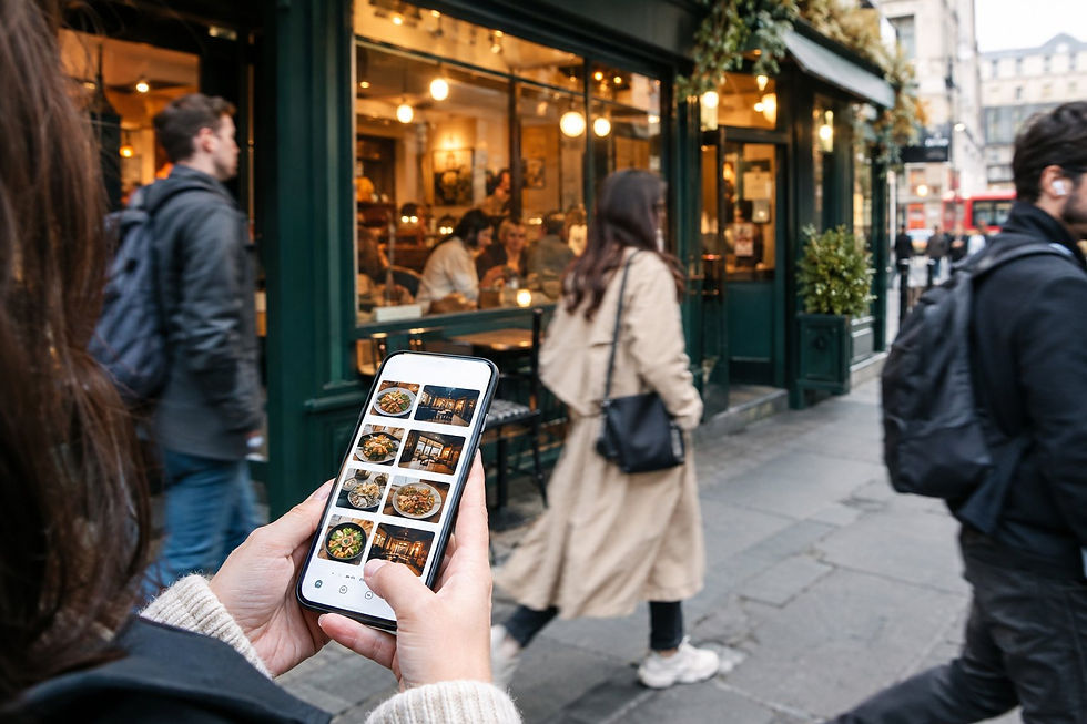 Person using phone with food photos outside a green-front café as pedestrians walk by on a busy city street