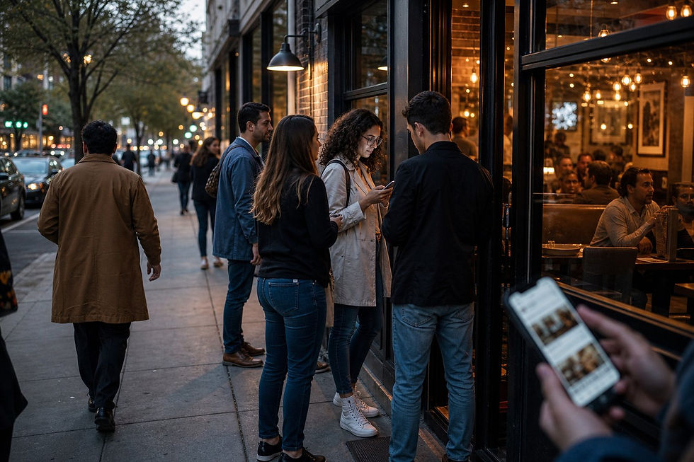 People wait outside a warmly lit restaurant at dusk, one checking a phone, with diners visible inside on a busy city sidewalk.
