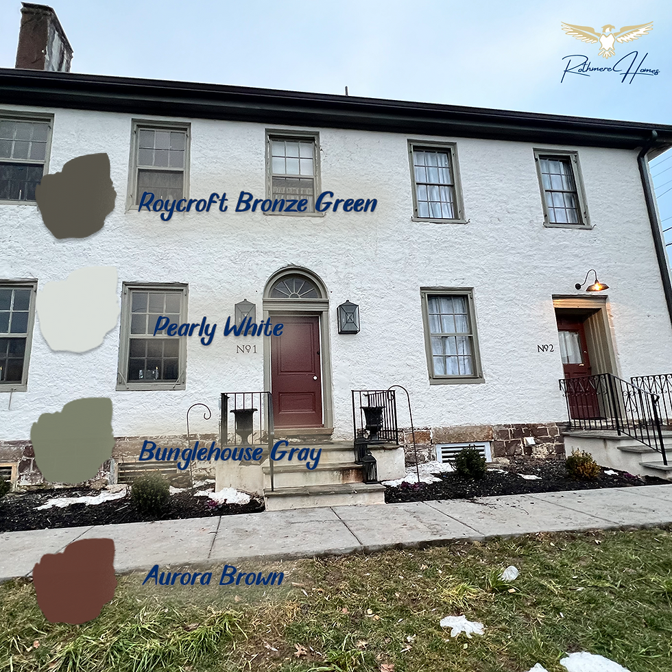 Historic home with an overlay of the paint colors; roycroft bronze green, pearly white, bunglehouse gray, and aurora brown
