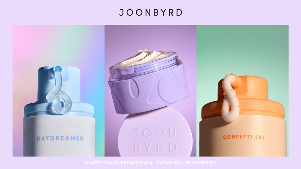 Three skincare products with colored backgrounds: "Daydreamer" in blue, cream-filled "JOONBYRD" in lavender, and "Confetti Sky" in orange.