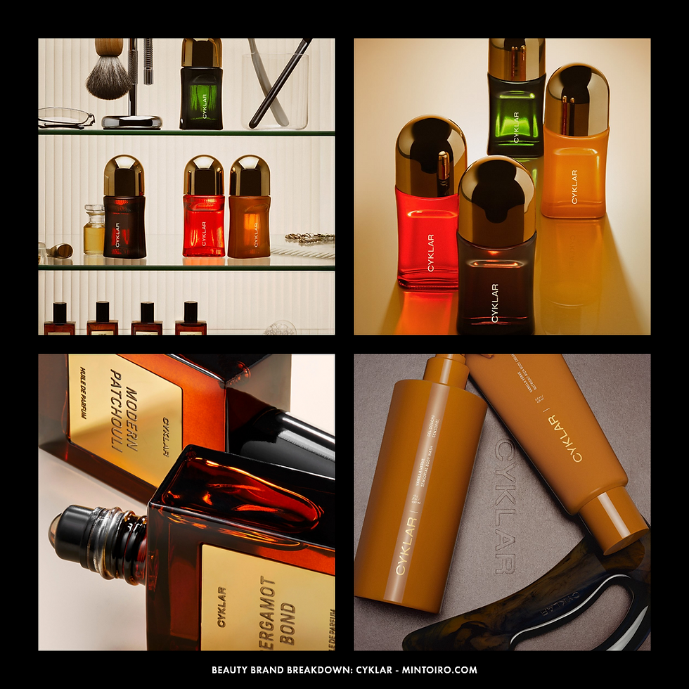 Perfume and grooming products in vibrant red, orange, and green bottles with gold caps.