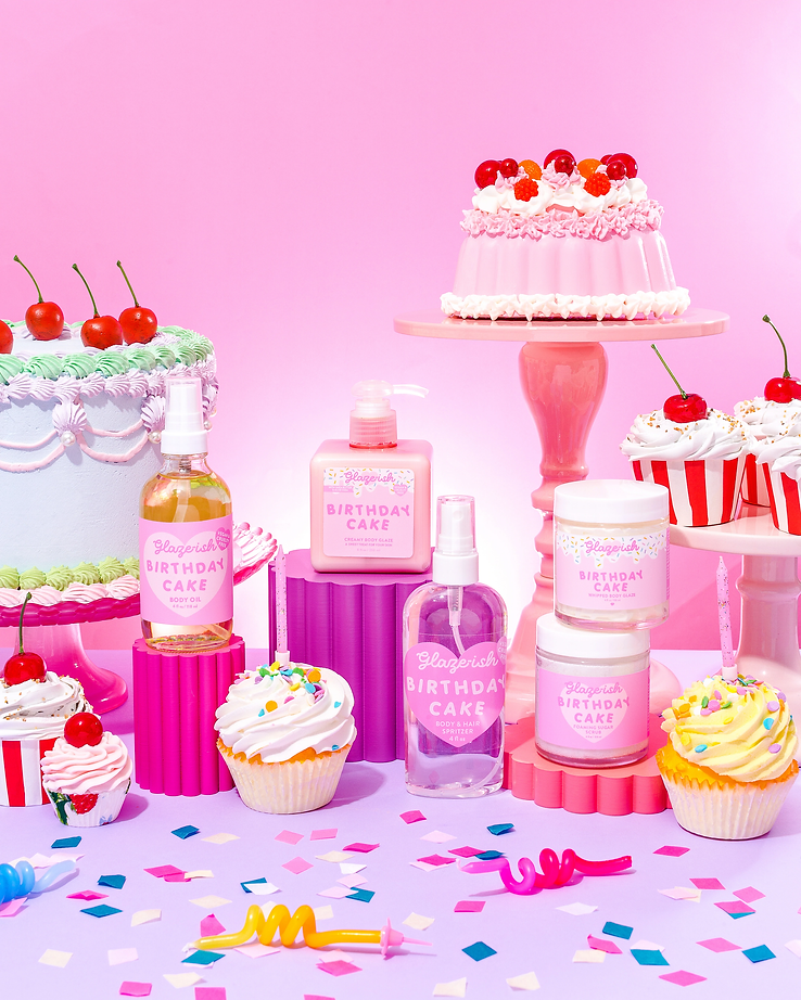 Photo of Glaze-ish Birthday Cake bodycare products that I designed the packaging for.
