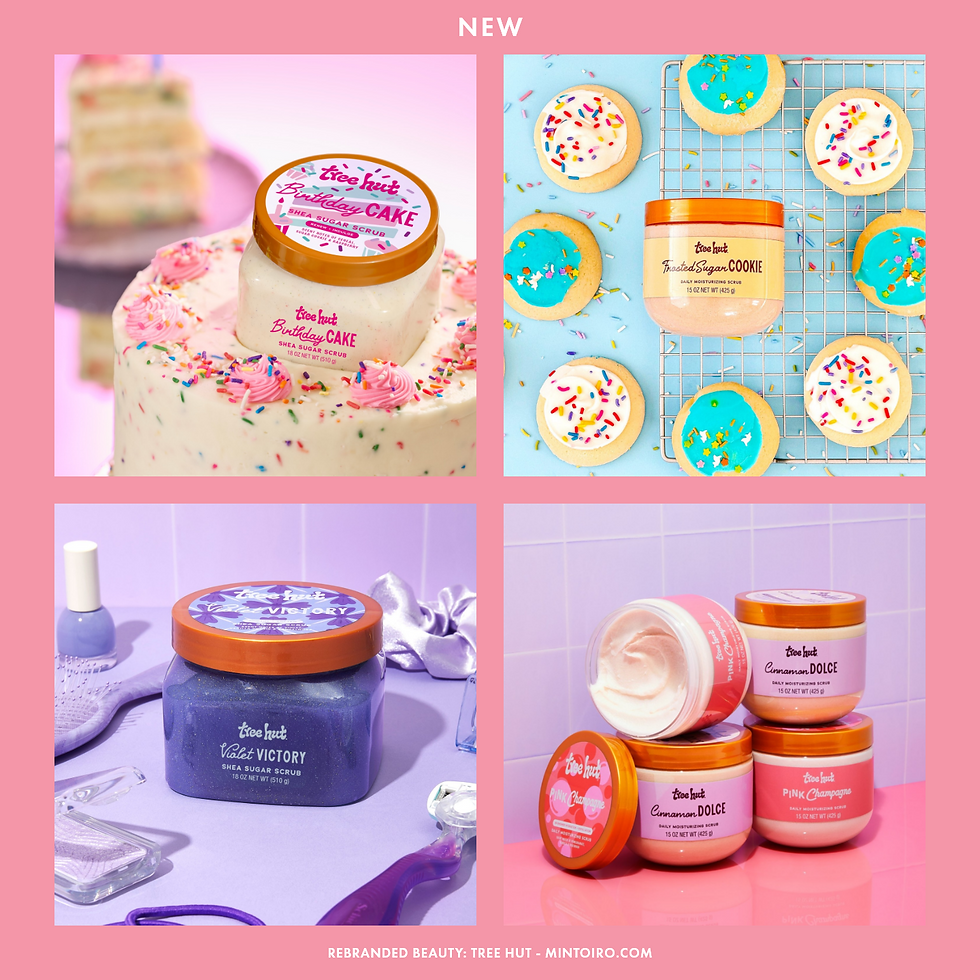 Four colorful Tree Hut shea sugar scrubs: Birthday Cake on a cake, Frosted Sugar Cookie on a rack with cookies, Cinnamon Dolce, and Pink Champagne.