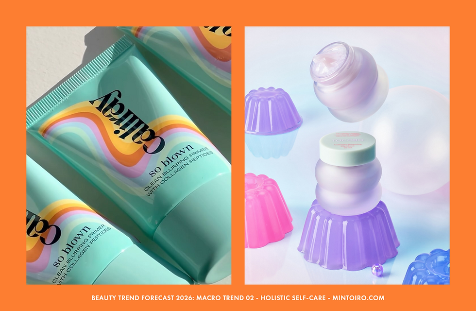 Colorful tubes of skincare and pastel jars in a vibrant setting.