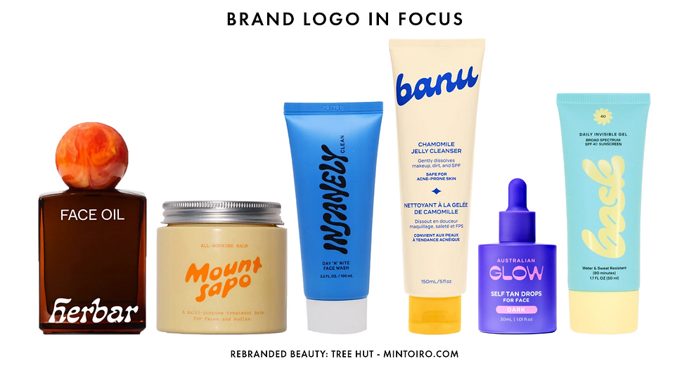 Skincare products lined up: face oil, balm, cleanser, drops, sunscreen. Vibrant colors, brand logos emphasized. Modern, fresh vibe.