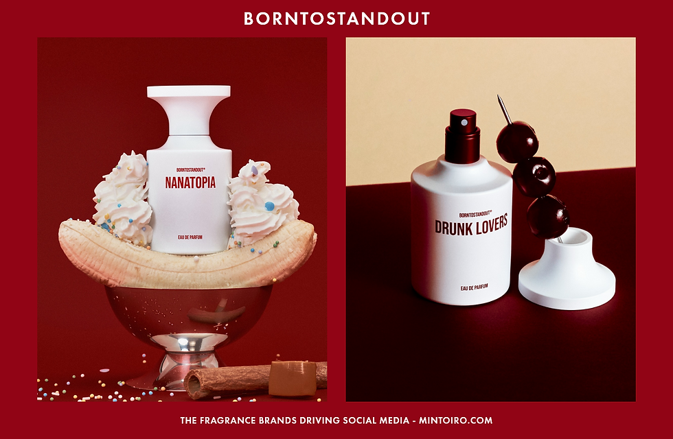 Perfume bottles labeled "Nanatopia" and "Drunk Lovers" on a red backdrop. "Nanatopia" is in a banana split setting. "Borntostandout" text.